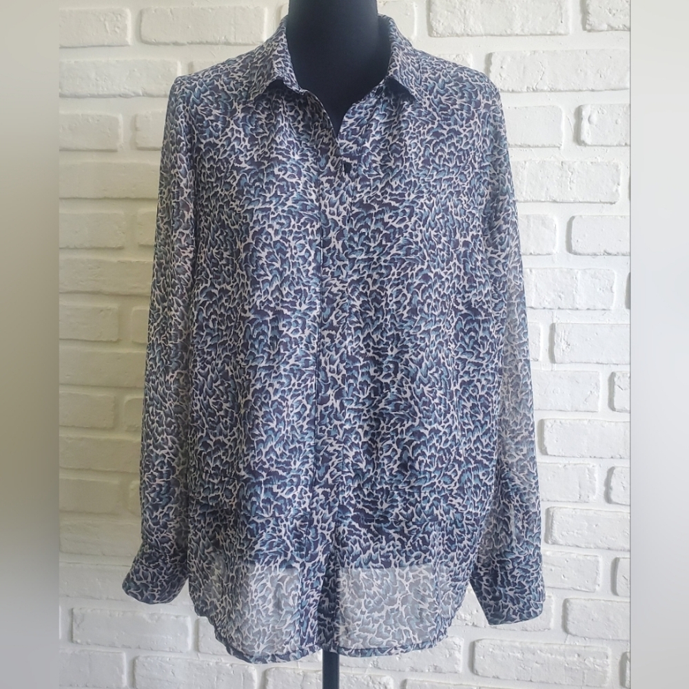 Liverpool Button Down Double Layer Shirt Blouse Long Sleeves Blue Cheetah Med